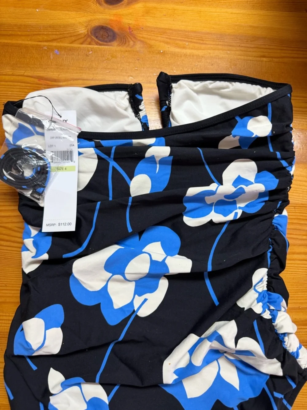 DKNY Floral Draped Bandeau Maillot One Piece Swimsuit Black Blue Floral  Size 4 - Picture 7 of 8